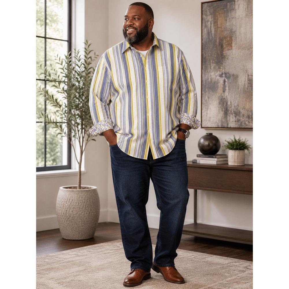 Brooklyn Xpress Mens XXXL Striped Button Down Shirt Yellow Blue Floral Cuffs